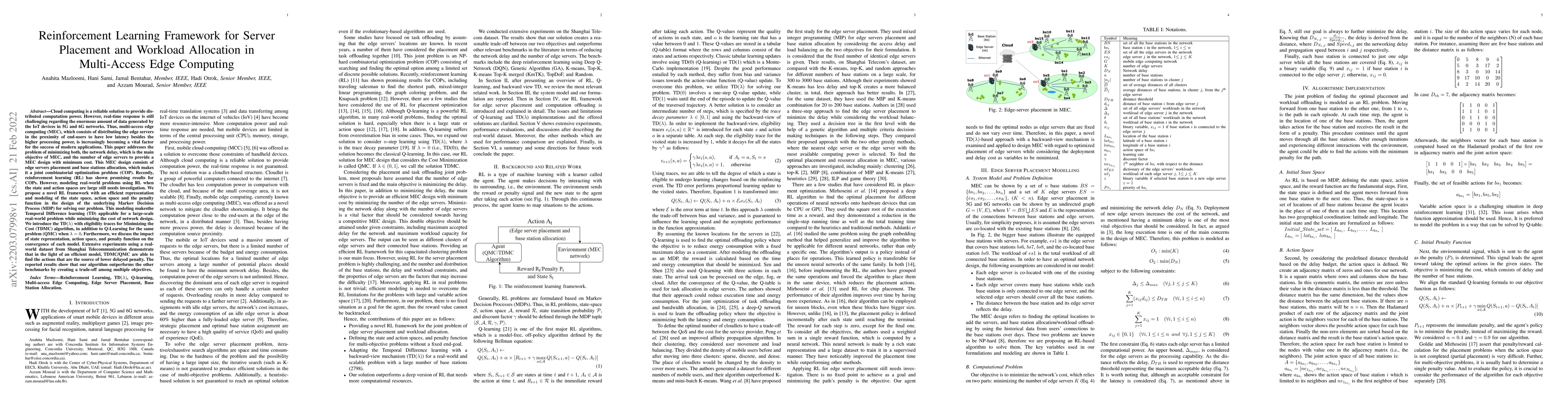 Thumbnail for Reinforcement Learning Framework for Server Placement and Workload
  Allocation in Multi-Access Edge Computing