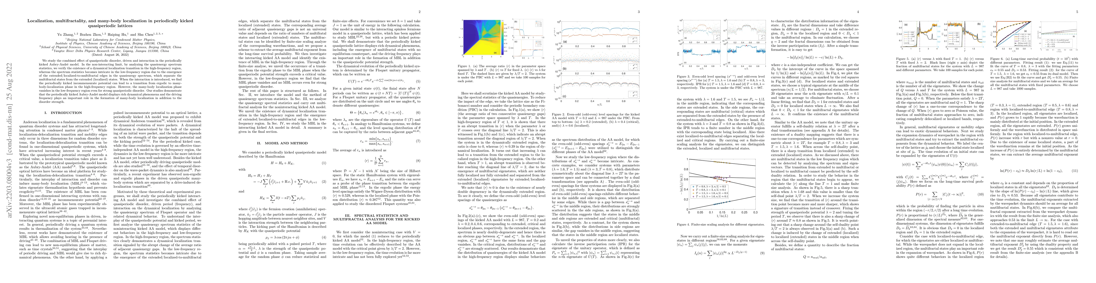 Thumbnail for Localization, multifractality, and many-body localization in
  periodically kicked quasiperiodic lattices