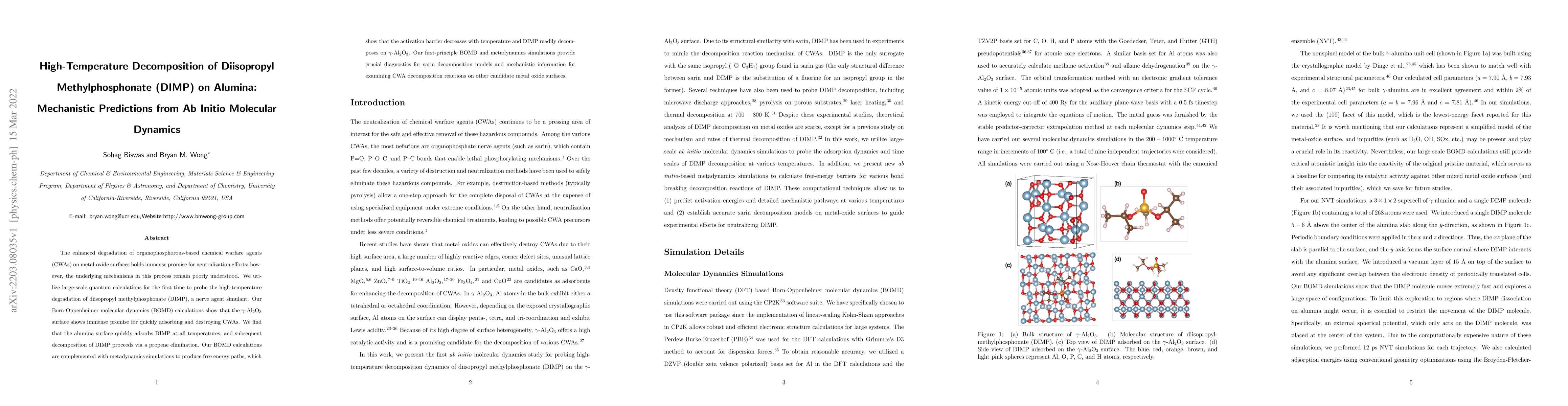 Thumbnail for High-Temperature Decomposition of Diisopropyl Methylphosphonate (DIMP)
  on Alumina: Mechanistic Predictions from Ab Initio Molecular Dynamics