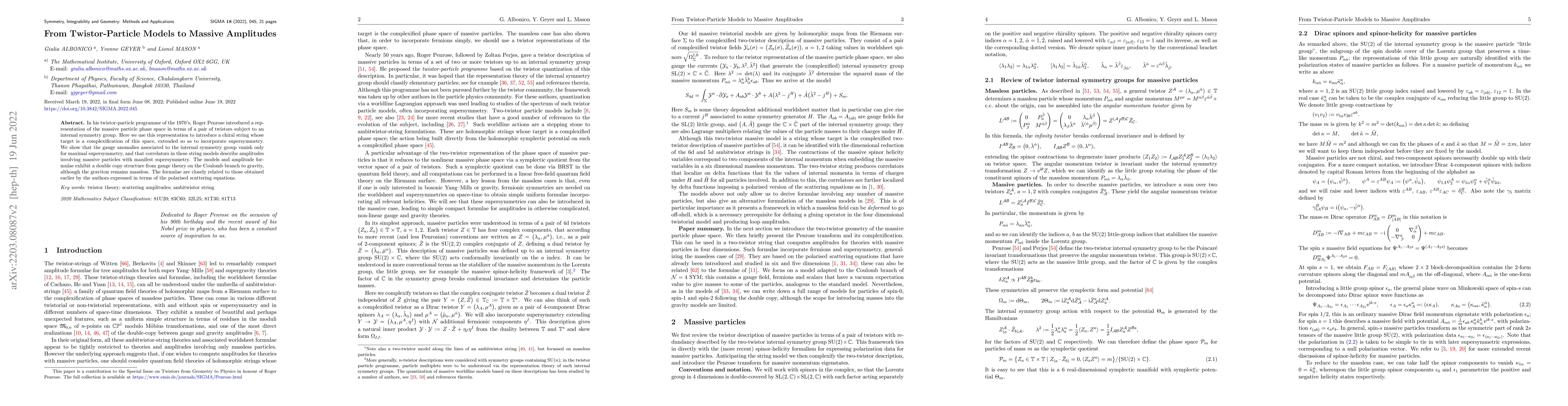 Thumbnail for From Twistor-Particle Models to Massive Amplitudes