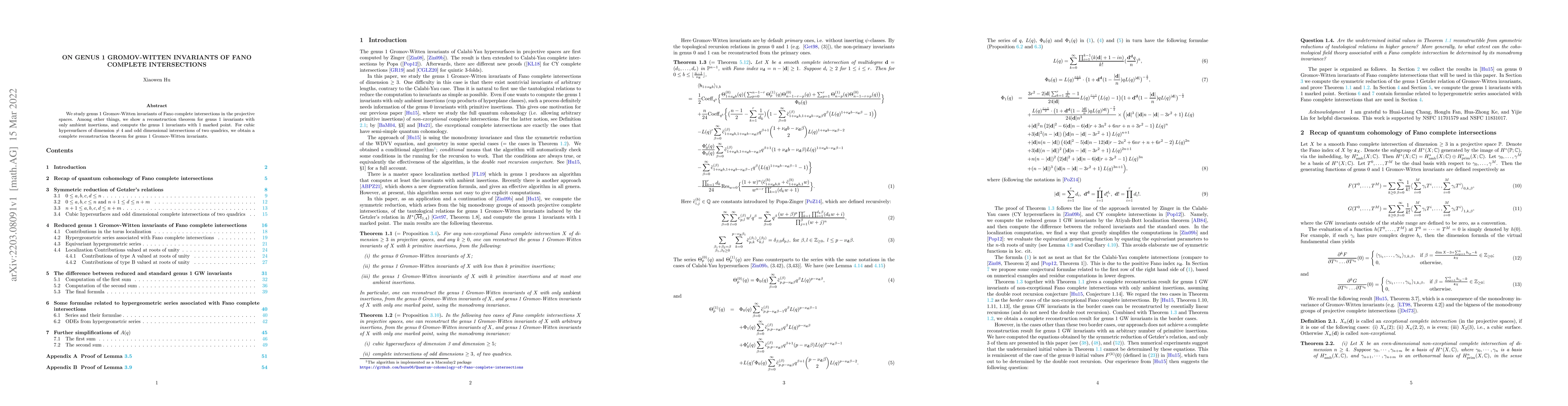 Thumbnail for On Genus 1 Gromov-Witten invariants of Fano complete intersections