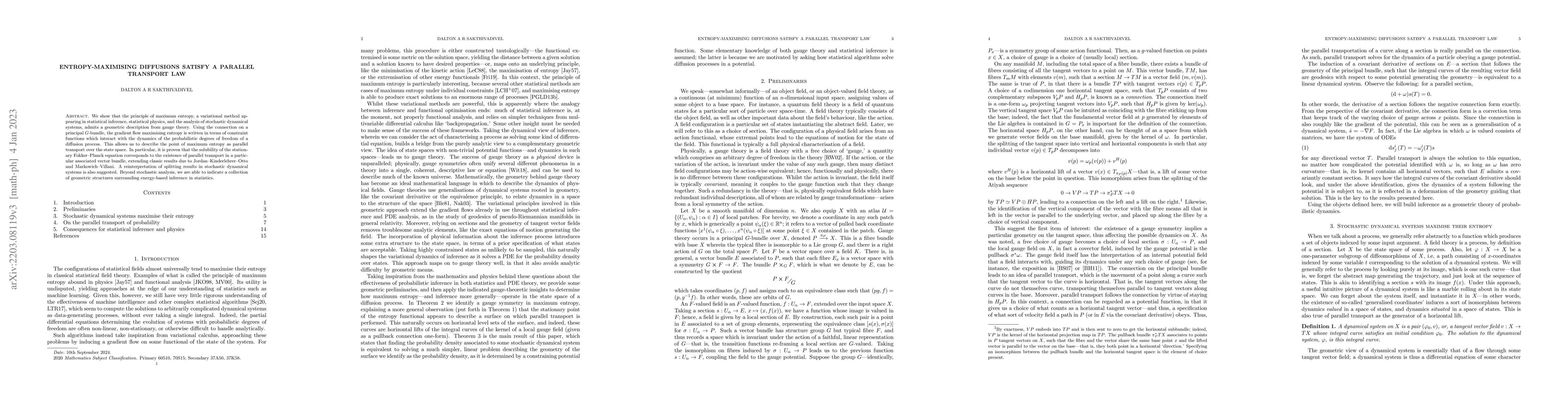 Thumbnail for Entropy-Maximising Diffusions Satisfy a Parallel Transport Law