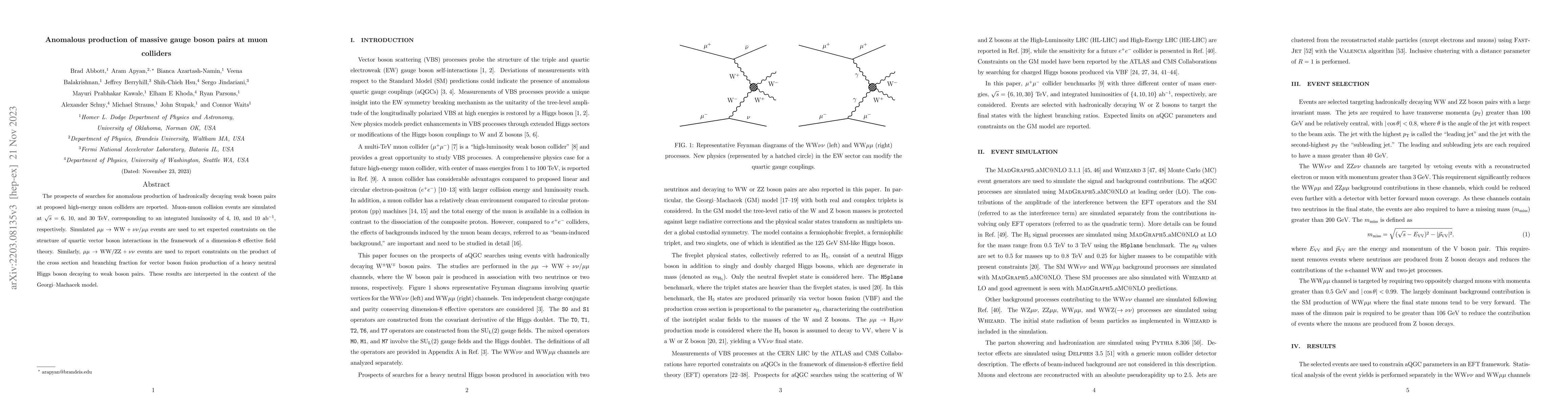 Thumbnail for Anomalous production of massive gauge boson pairs at muon colliders