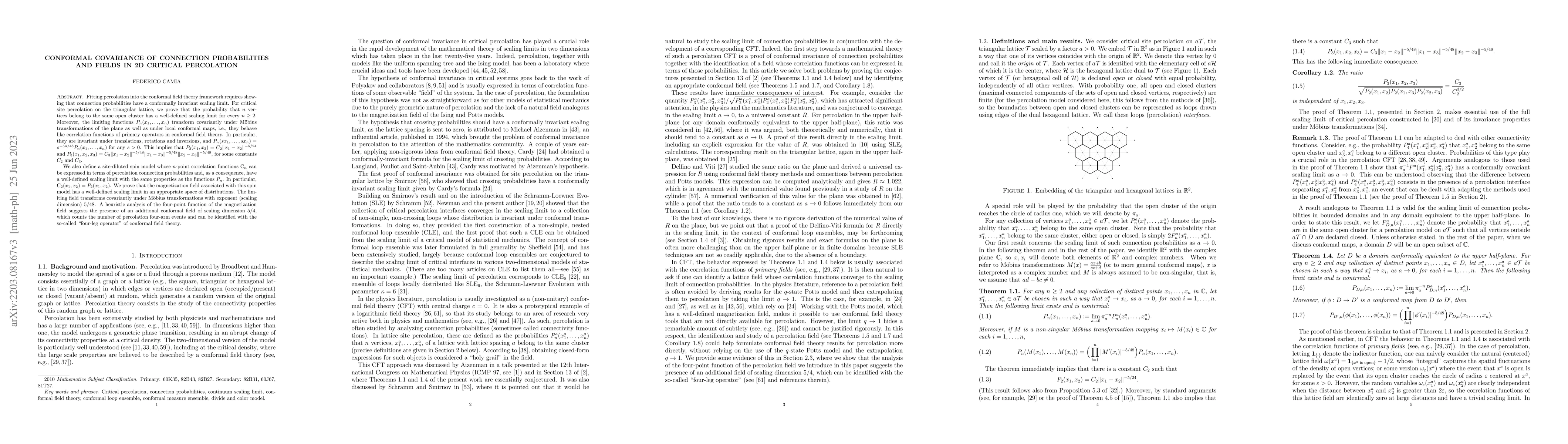Thumbnail for Conformal Covariance of Connection Probabilities and Fields in 2D
  Critical Percolation