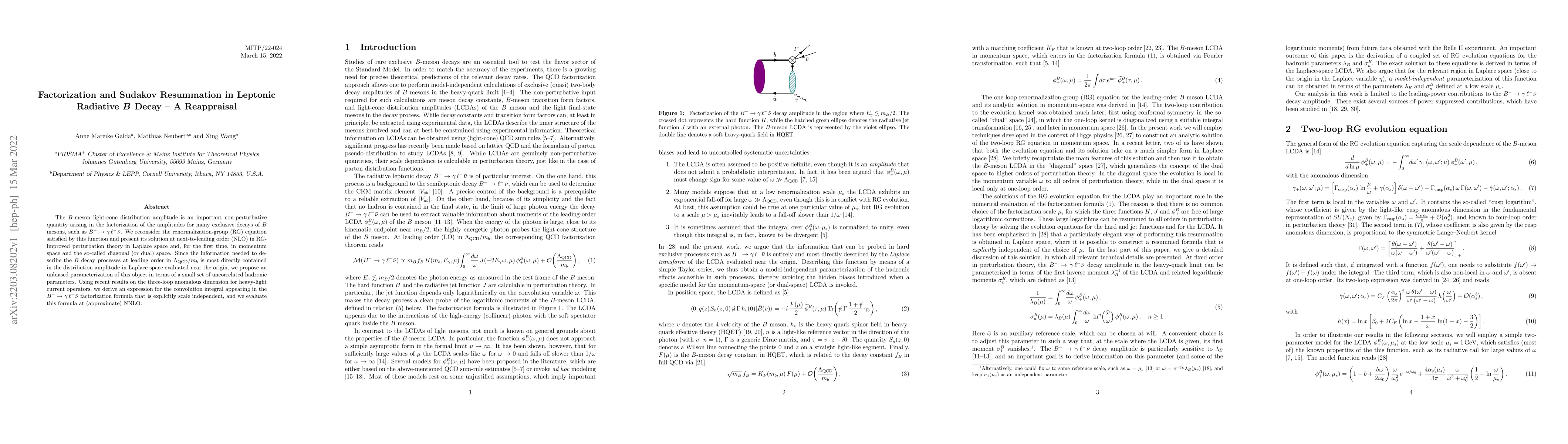 Thumbnail for Factorization and Sudakov Resummation in Leptonic Radiative $B$ Decay --
  A Reappraisal