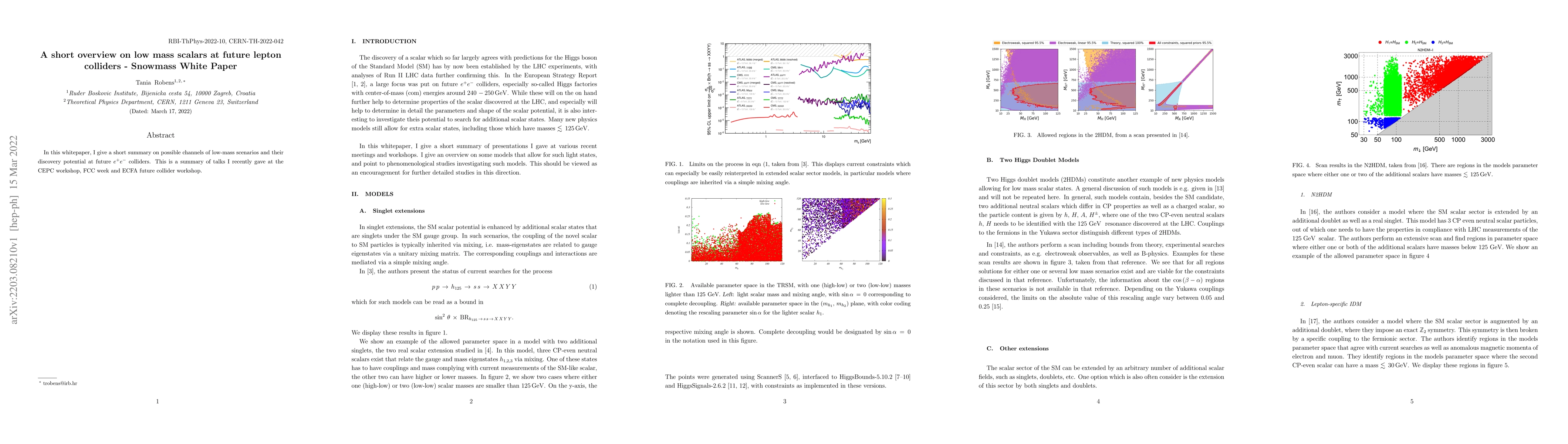 Thumbnail for A short overview on low mass scalars at future lepton colliders --
  Snowmass White Paper