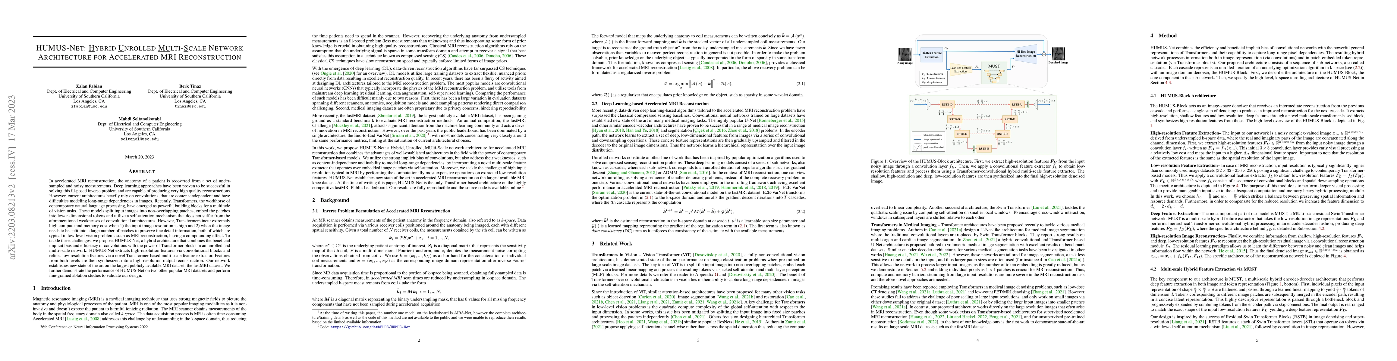 Thumbnail for HUMUS-Net: Hybrid unrolled multi-scale network architecture for
  accelerated MRI reconstruction