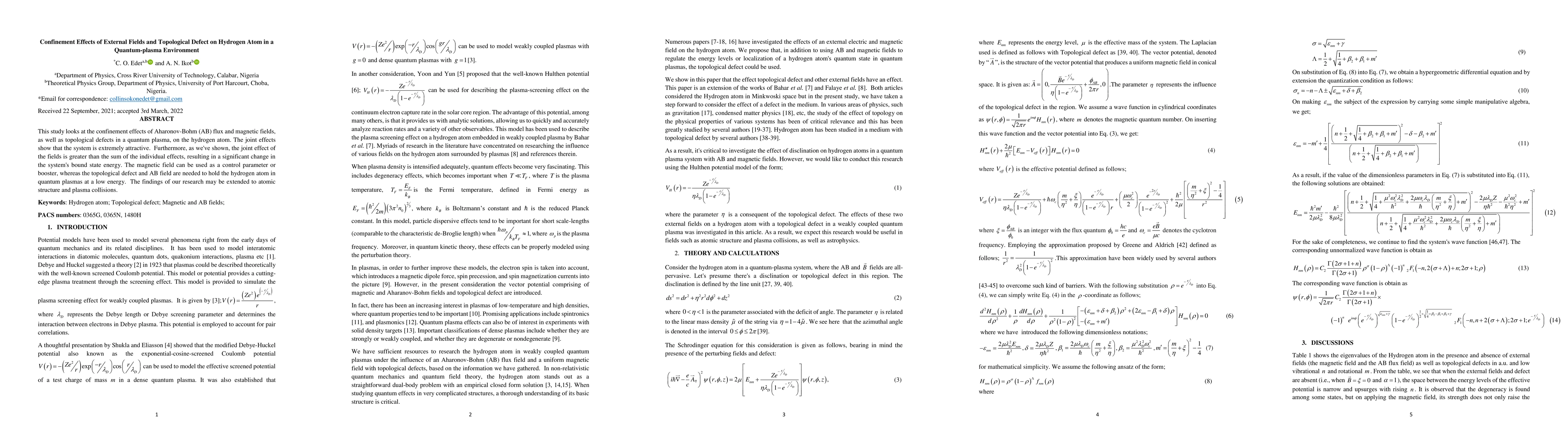Thumbnail for Confinement Effects of External Fields and Topological Defect on
  Hydrogen Atom in a Quantum-plasma Environment