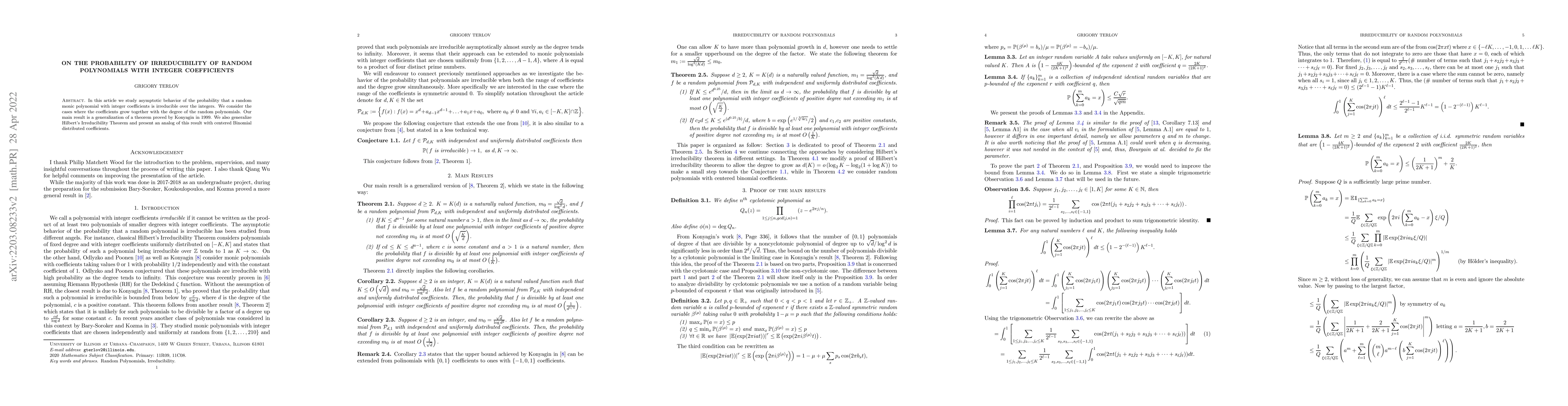Thumbnail for On the probability of irreducibility of random polynomials with integer
  coefficients