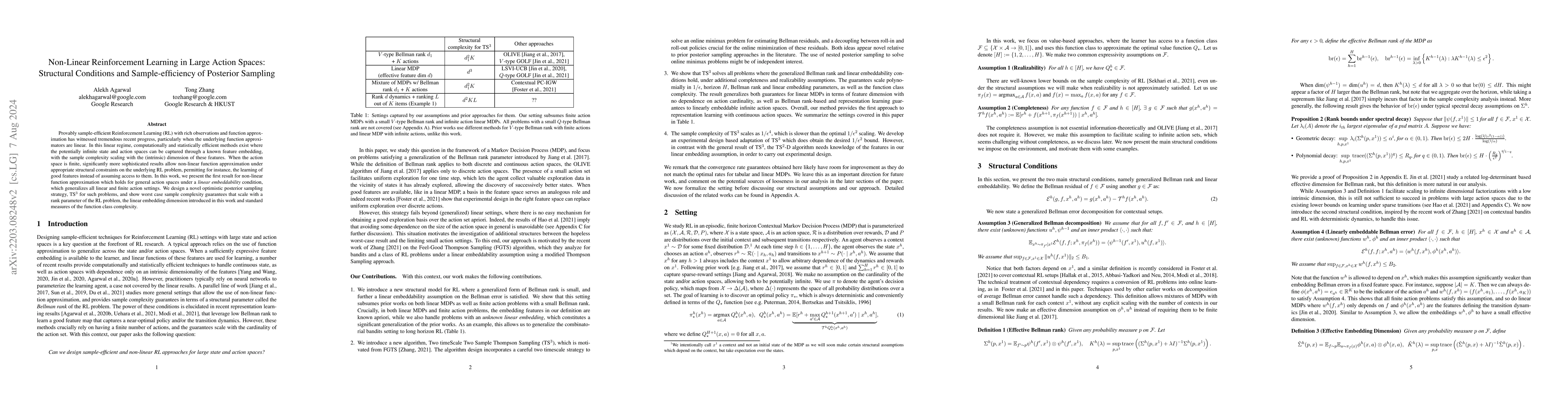 Thumbnail for Non-Linear Reinforcement Learning in Large Action Spaces: Structural
  Conditions and Sample-efficiency of Posterior Sampling
