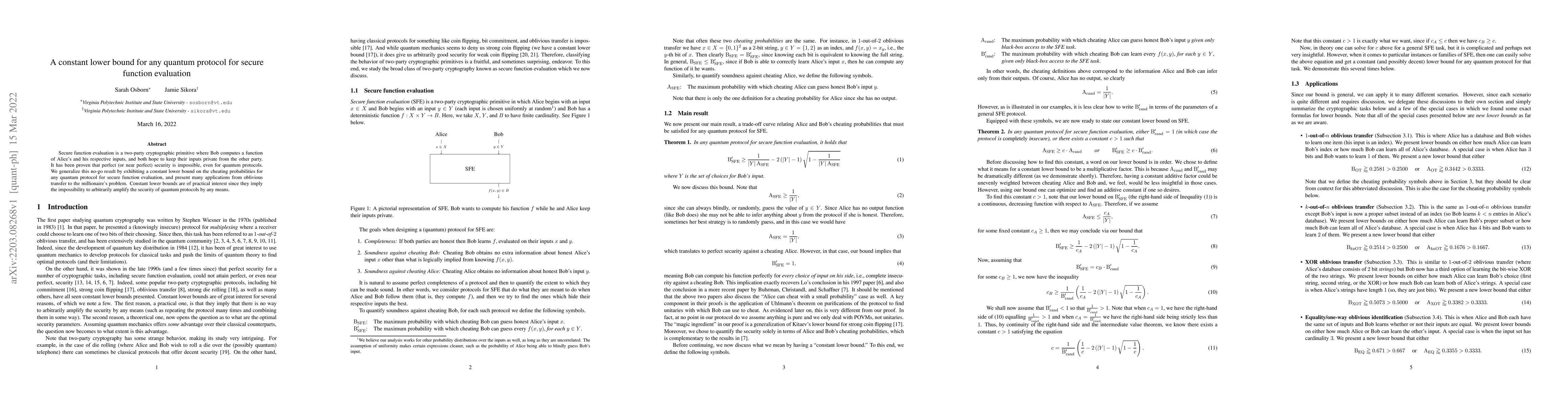 Thumbnail for A constant lower bound for any quantum protocol for secure function
  evaluation