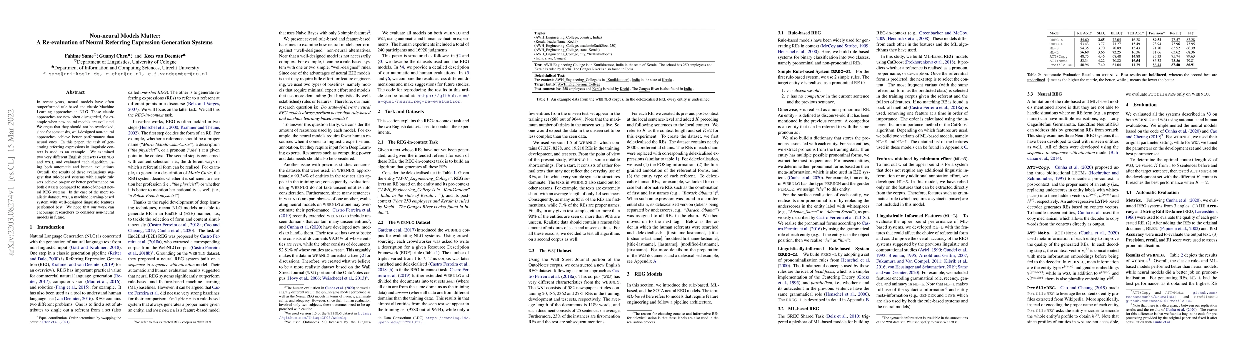 Thumbnail for Non-neural Models Matter: A Re-evaluation of Neural Referring Expression
  Generation Systems