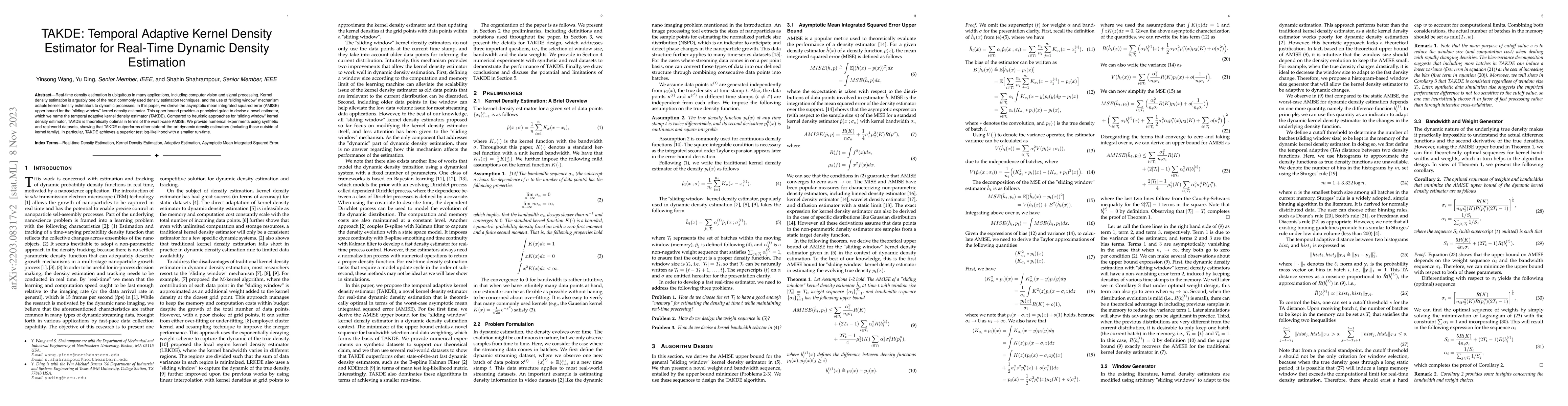 Thumbnail for TAKDE: Temporal Adaptive Kernel Density Estimator for Real-Time Dynamic
  Density Estimation
