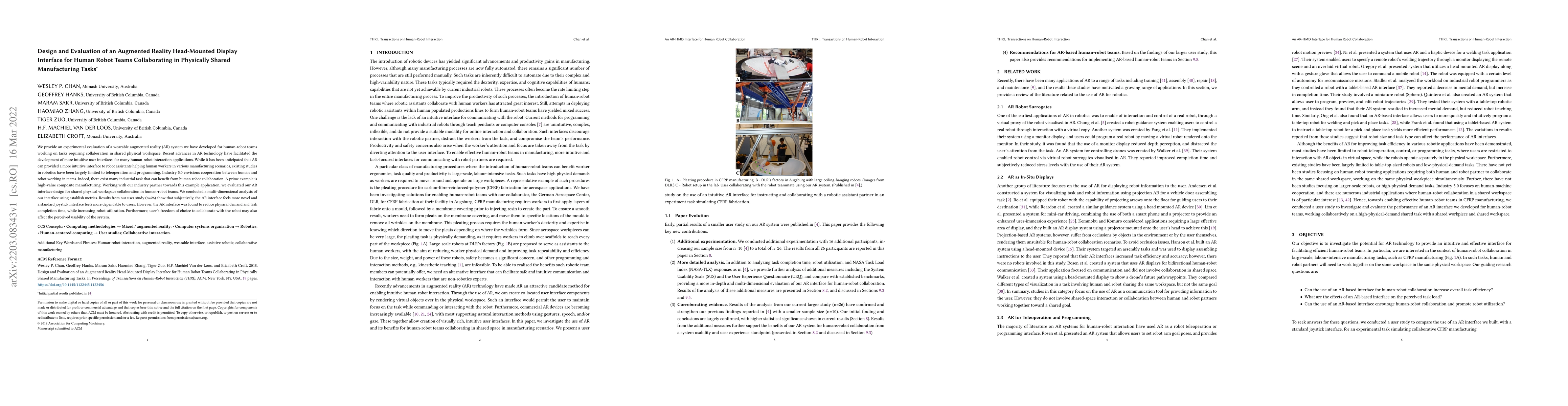 Thumbnail for Design and Evaluation of an Augmented Reality Head-Mounted Display
  Interface for Human Robot Teams Collaborating in Physically Shared
  Manufacturing Tasks