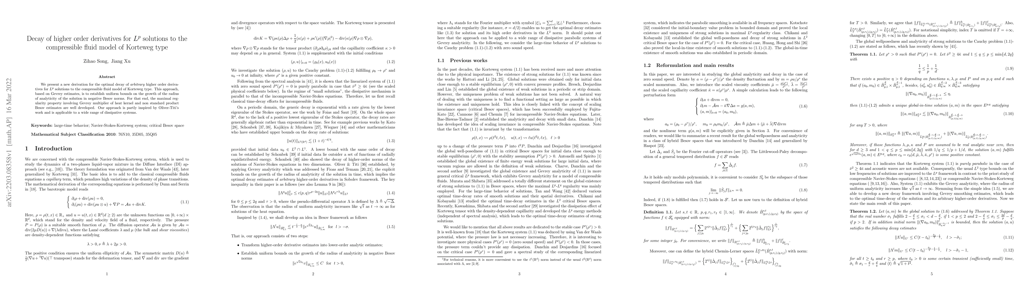 Thumbnail for Decay of higher order derivatives for $L^p$ solutions to the
  compressible fluid model of Korteweg type