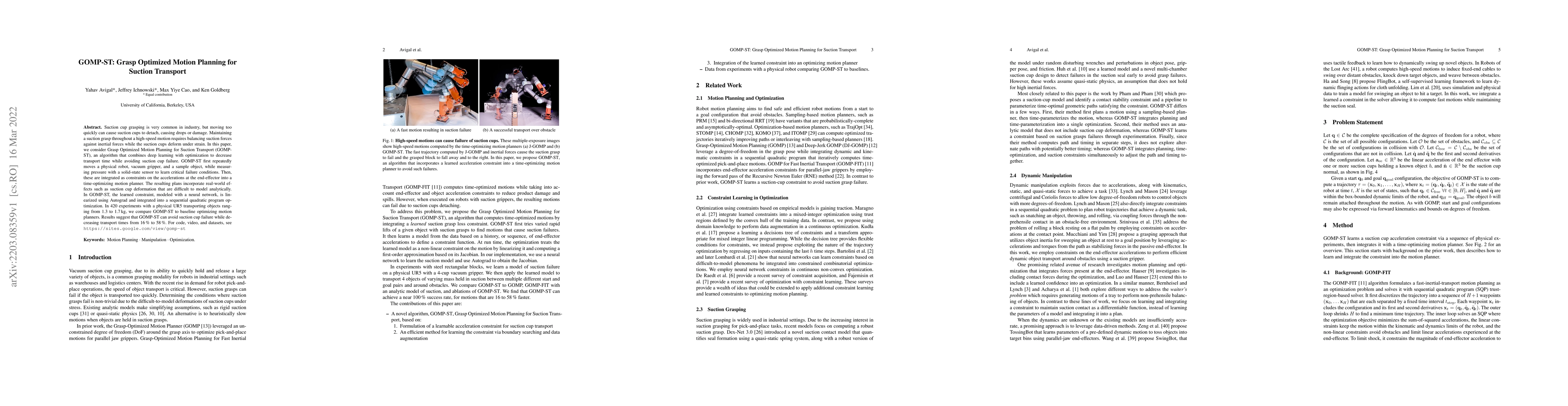 Thumbnail for GOMP-ST: Grasp Optimized Motion Planning for Suction Transport