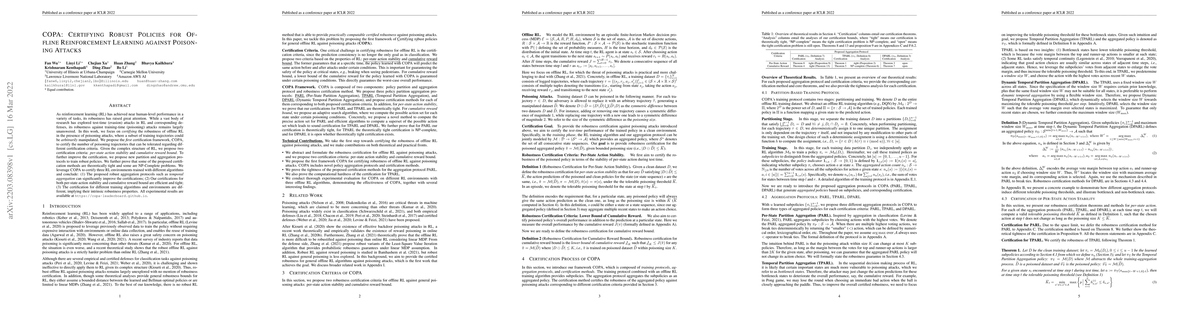 Thumbnail for COPA: Certifying Robust Policies for Offline Reinforcement Learning
  against Poisoning Attacks