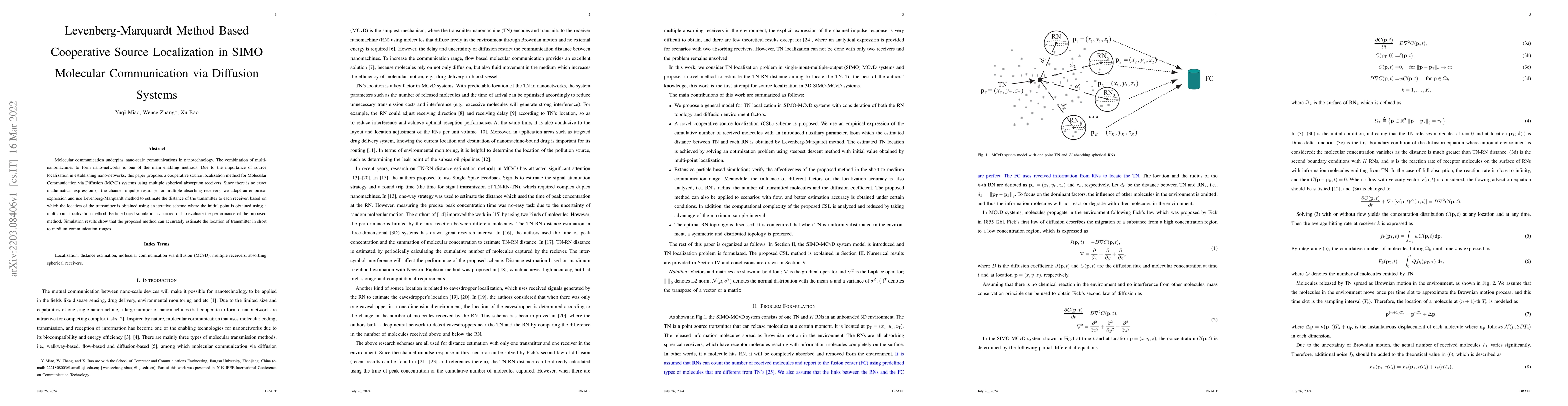 Thumbnail for Levenberg-Marquardt Method Based Cooperative Source Localization in SIMO
  Molecular Communication via Diffusion Systems