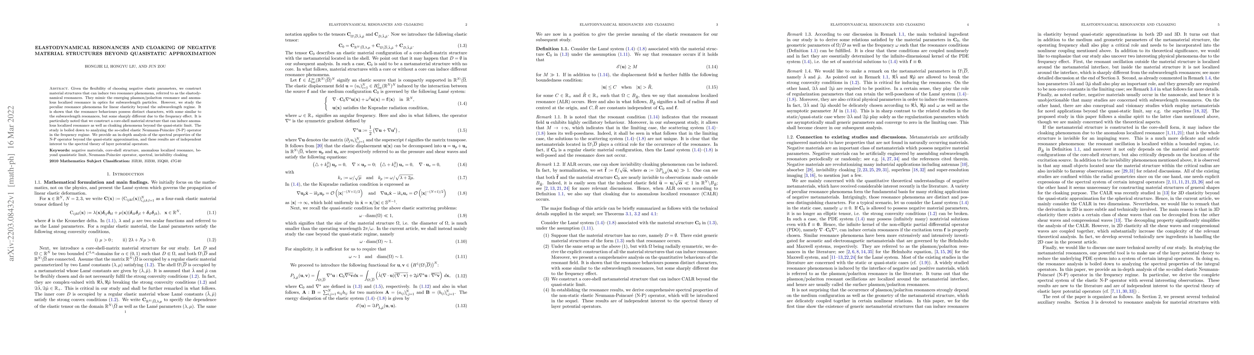Thumbnail for Elastodynamical resonances and cloaking of negative material structures
  beyond quasistatic approximation
