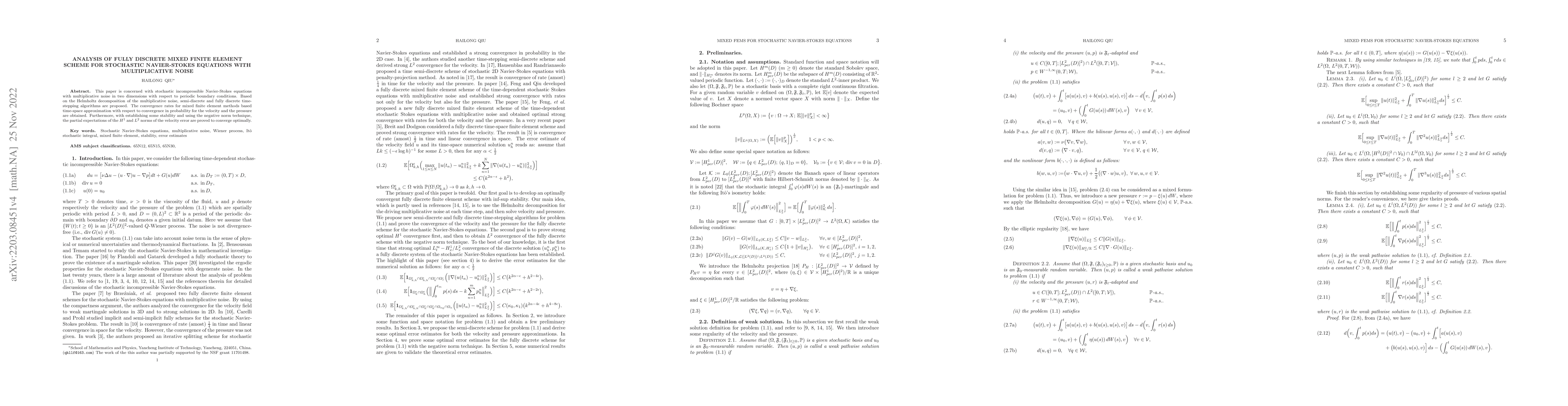 Thumbnail for Analysis of fully discrete mixed finite element scheme for Stochastic
  Navier-Stokes equations with multiplicative noise