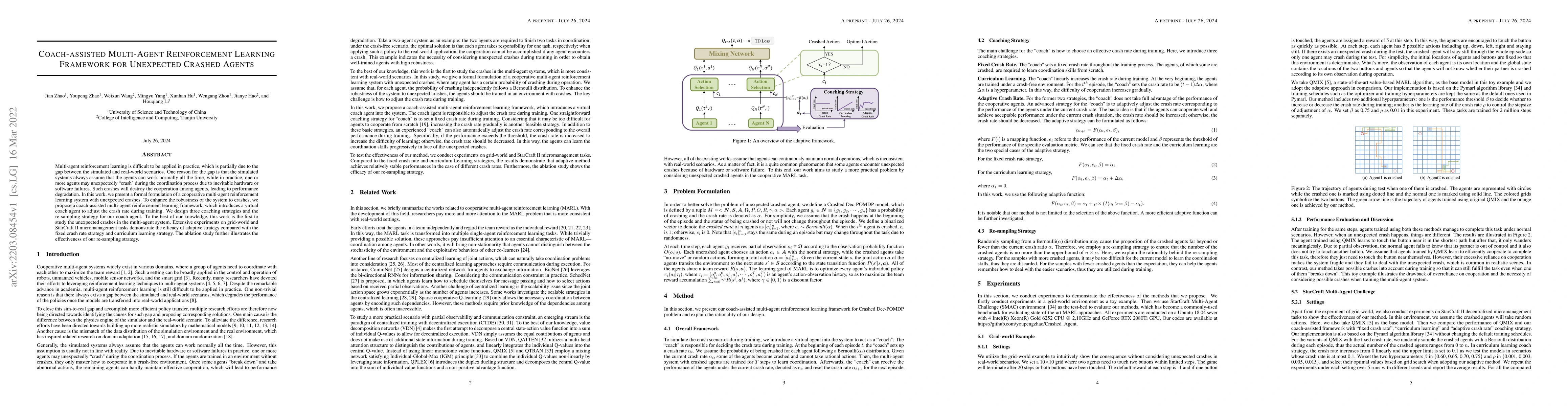 Thumbnail for Coach-assisted Multi-Agent Reinforcement Learning Framework for
  Unexpected Crashed Agents