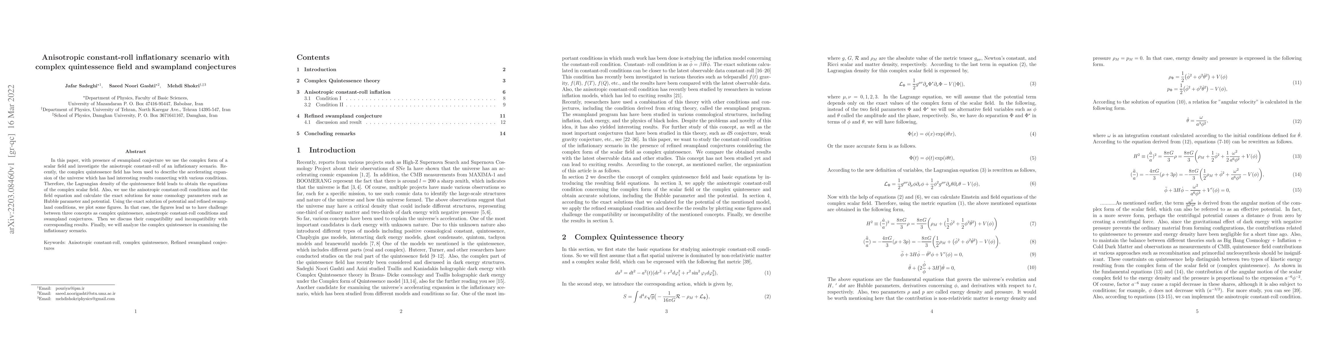 Thumbnail for Anisotropic constant-roll inflationary scenario with complex
  quintessence field and swampland conjectures