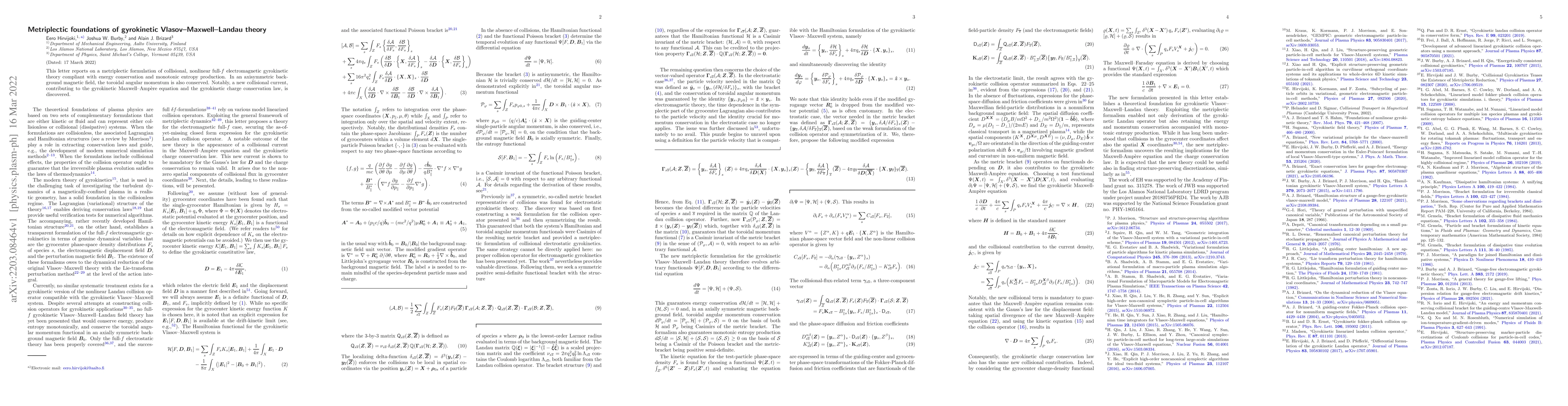 Thumbnail for Metriplectic foundations of gyrokinetic Vlasov-Maxwell-Landau theory