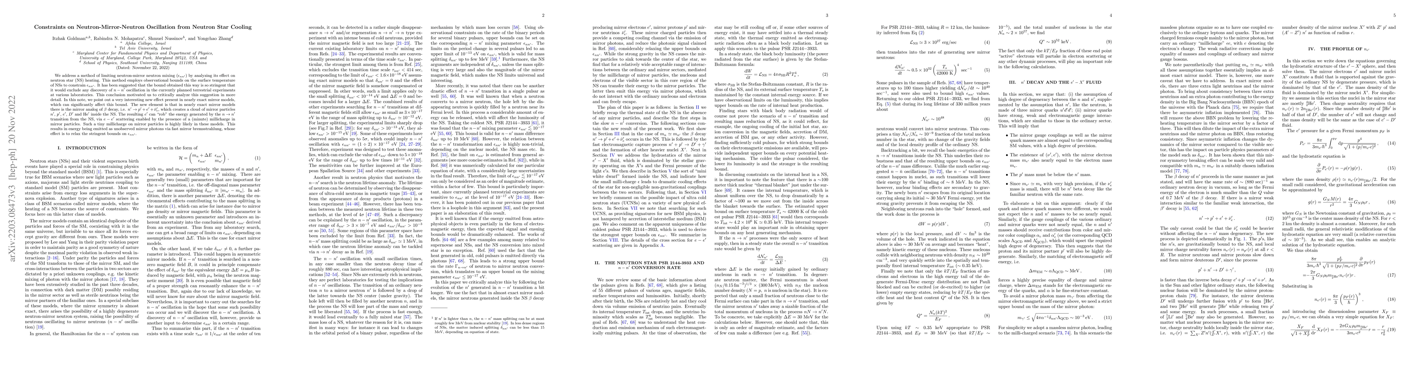 Thumbnail for Constraints on Neutron-Mirror-Neutron Oscillation from Neutron Star
  Cooling