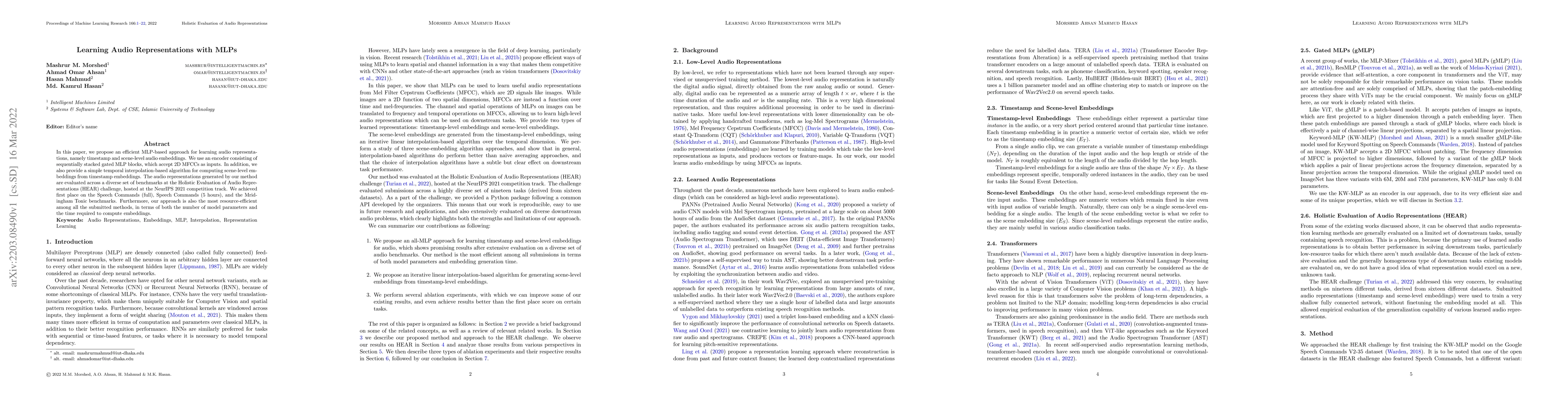 Thumbnail for Learning Audio Representations with MLPs