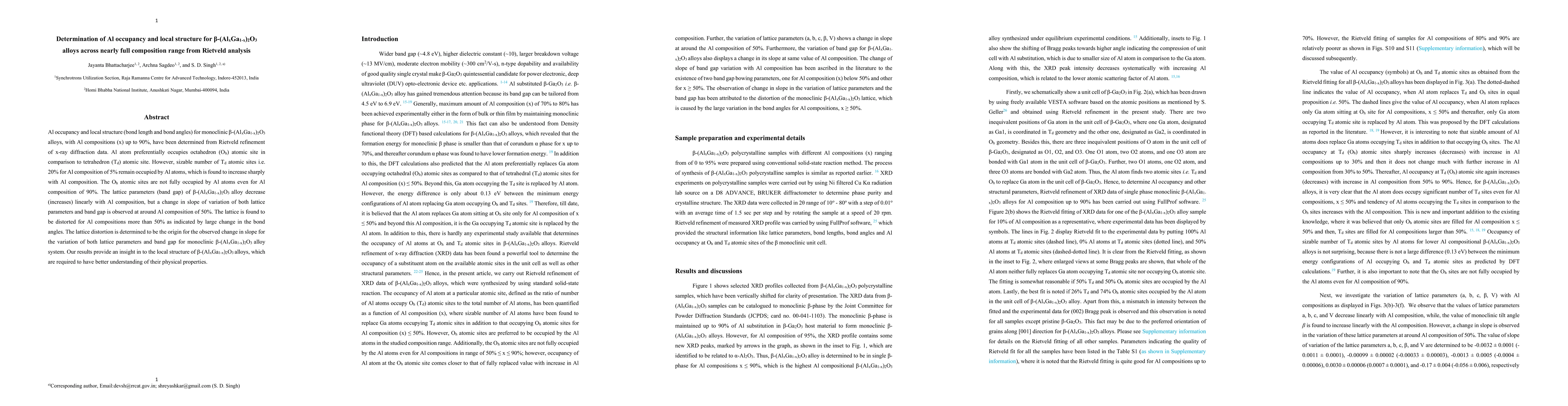 Thumbnail for Determination of Al occupancy and local structure for
  \b{eta}-(AlxGa1-x)2O3 alloys across nearly full composition range from
  Rietveld analysis