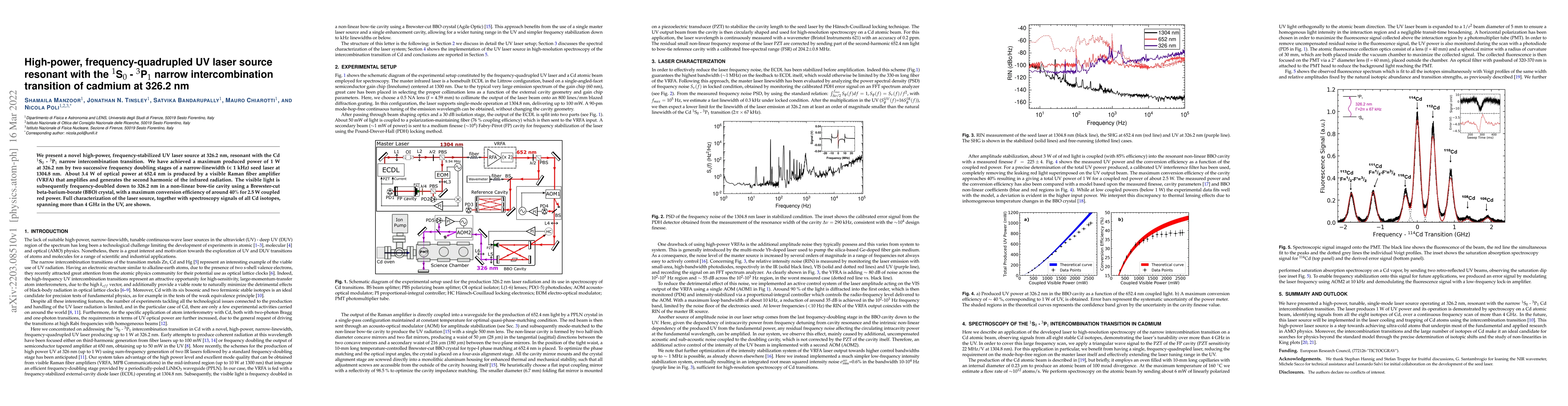 Thumbnail for High-power, frequency-quadrupled UV laser source resonant with the
  $^{1}$S$_{0}$-$^{3}$P$_{1}$ narrow intercombination transition of cadmium at
  326.2 nm