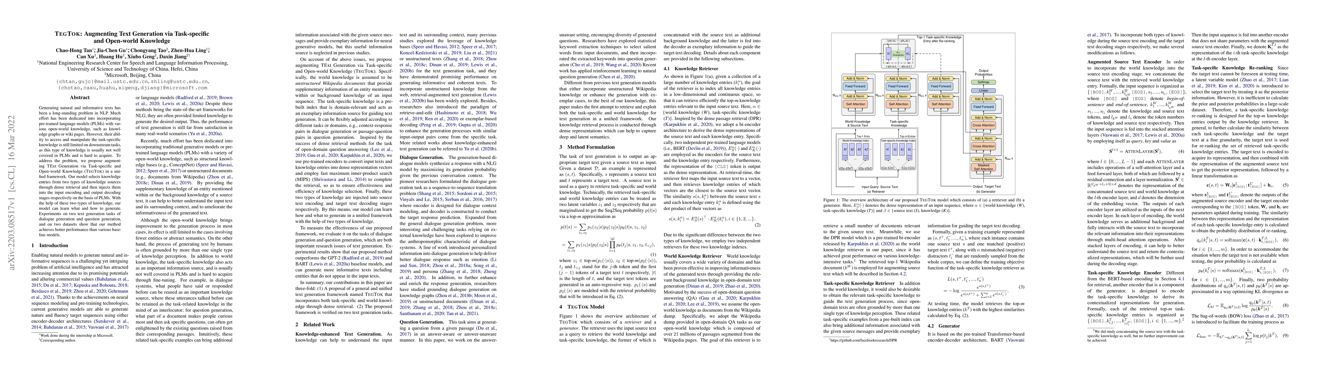 Thumbnail for TegTok: Augmenting Text Generation via Task-specific and Open-world
  Knowledge