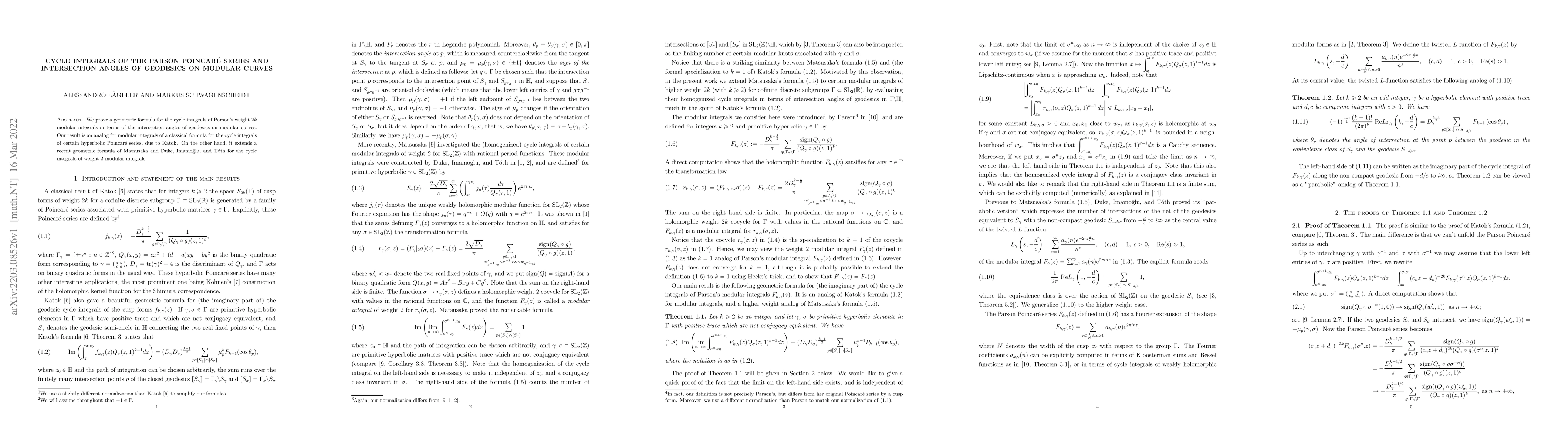 Thumbnail for Cycle Integrals of the Parson Poincar\'e Series and Intersection Angles
  of Geodesics on Modular Curves