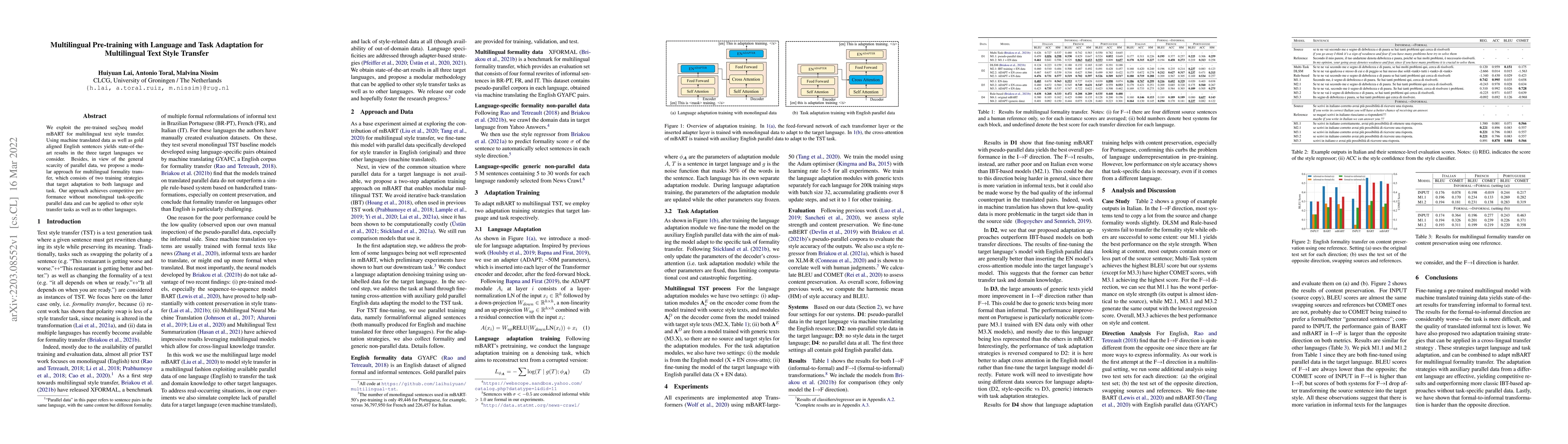 Thumbnail for Multilingual Pre-training with Language and Task Adaptation for
  Multilingual Text Style Transfer