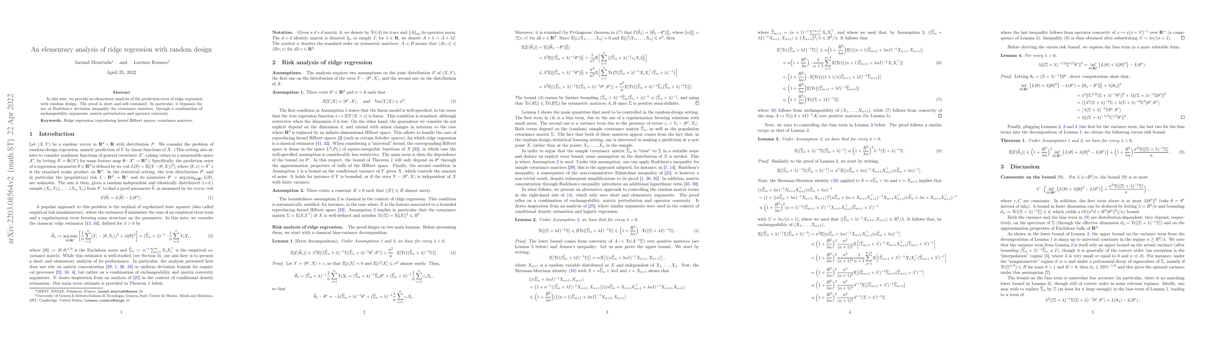 Thumbnail for An elementary analysis of ridge regression with random design