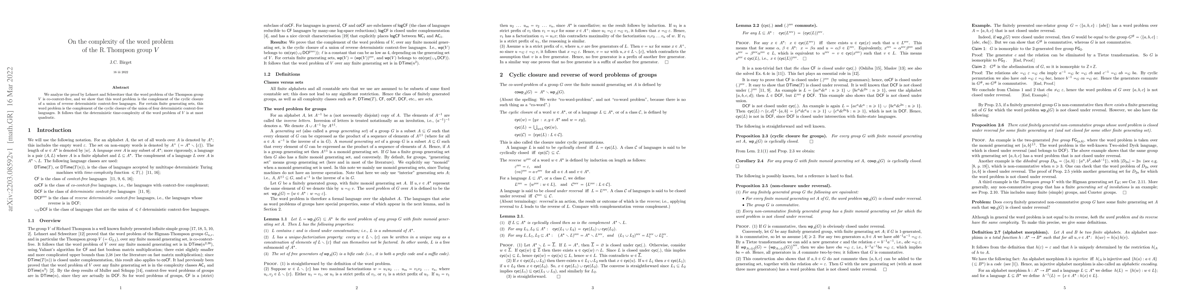 Thumbnail for On the complexity of the word problem of the R. Thompson group V