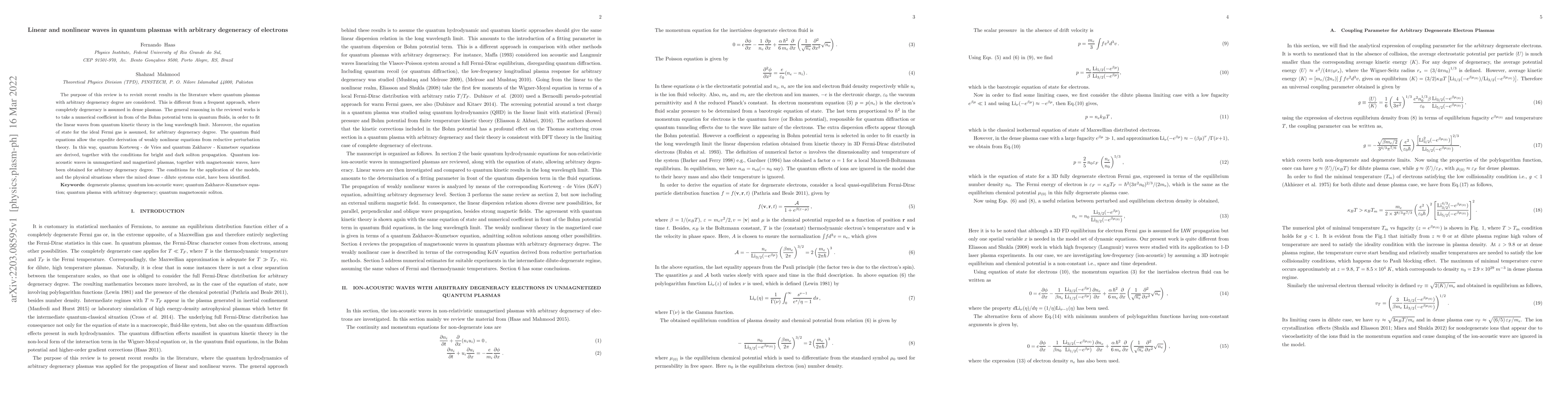 Thumbnail for Linear and nonlinear waves in quantum plasmas with arbitrary degeneracy
  of electrons