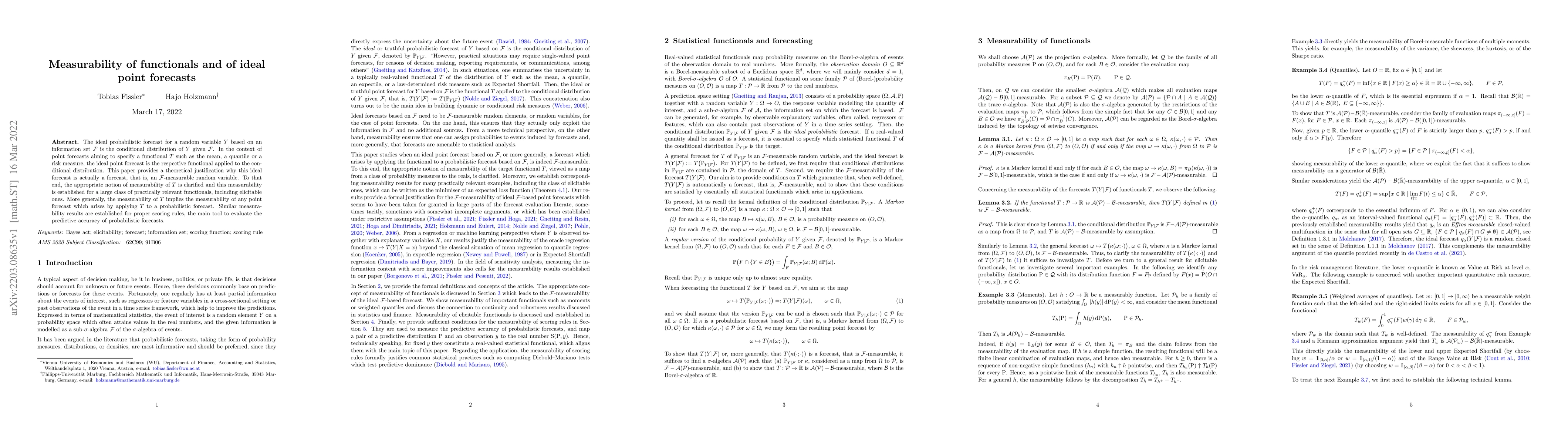Thumbnail for Measurability of functionals and of ideal point forecasts