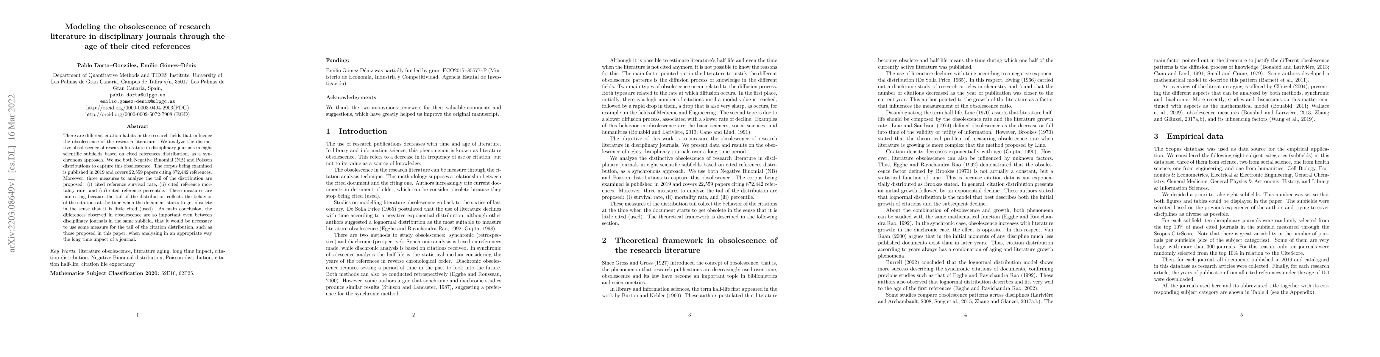 Thumbnail for Modeling the obsolescence of research literature in disciplinary
  journals through the age of their cited references
