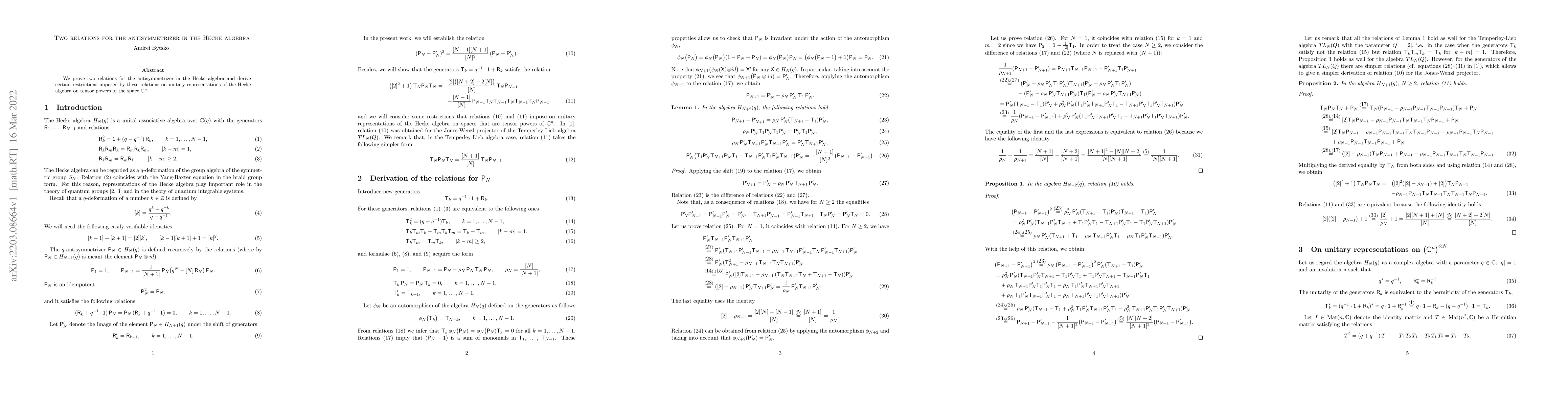 Thumbnail for Two relations for the antisymmetrizer in the Hecke algebra