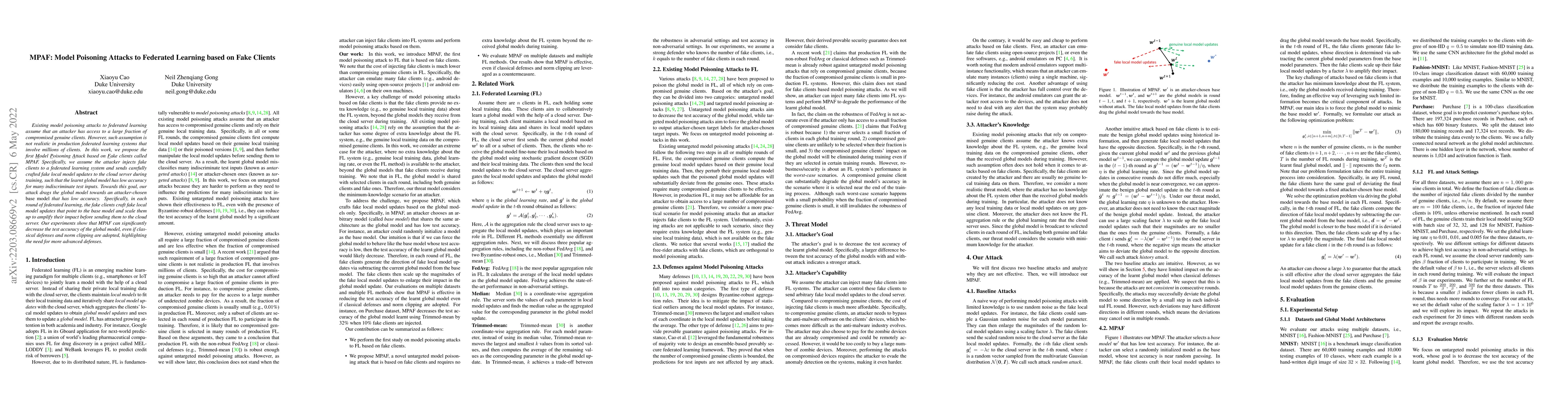 Thumbnail for MPAF: Model Poisoning Attacks to Federated Learning based on Fake
  Clients
