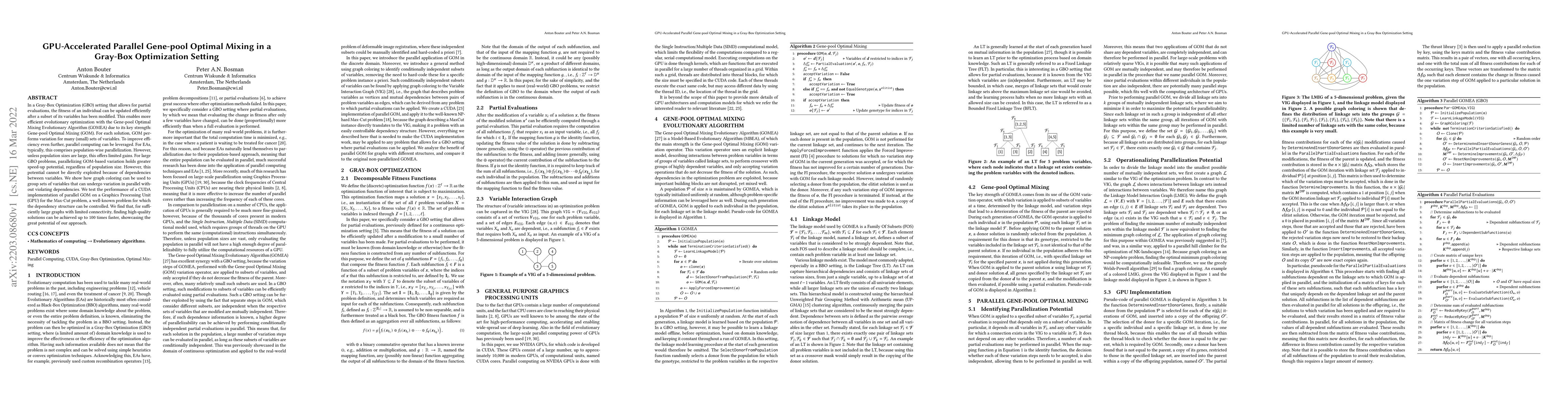 Thumbnail for GPU-Accelerated Parallel Gene-pool Optimal Mixing in a Gray-Box
  Optimization Setting