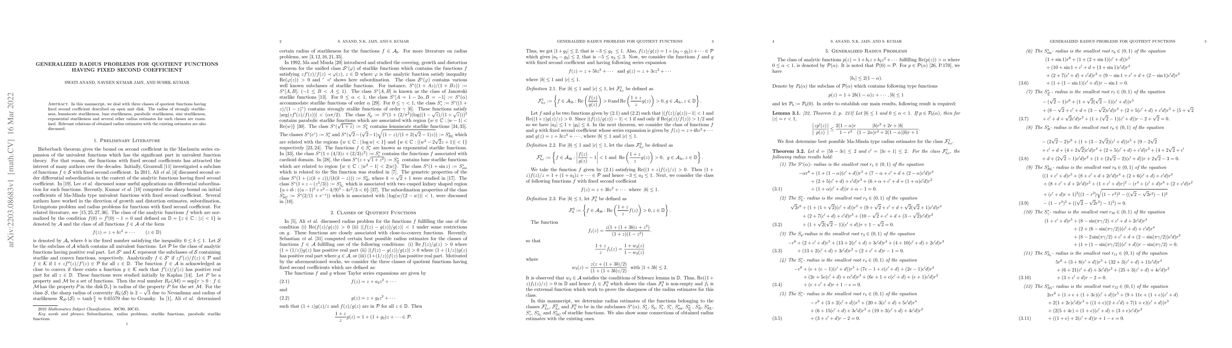 Thumbnail for Generalized radius problems for quotient functions having fixed second
  coefficient