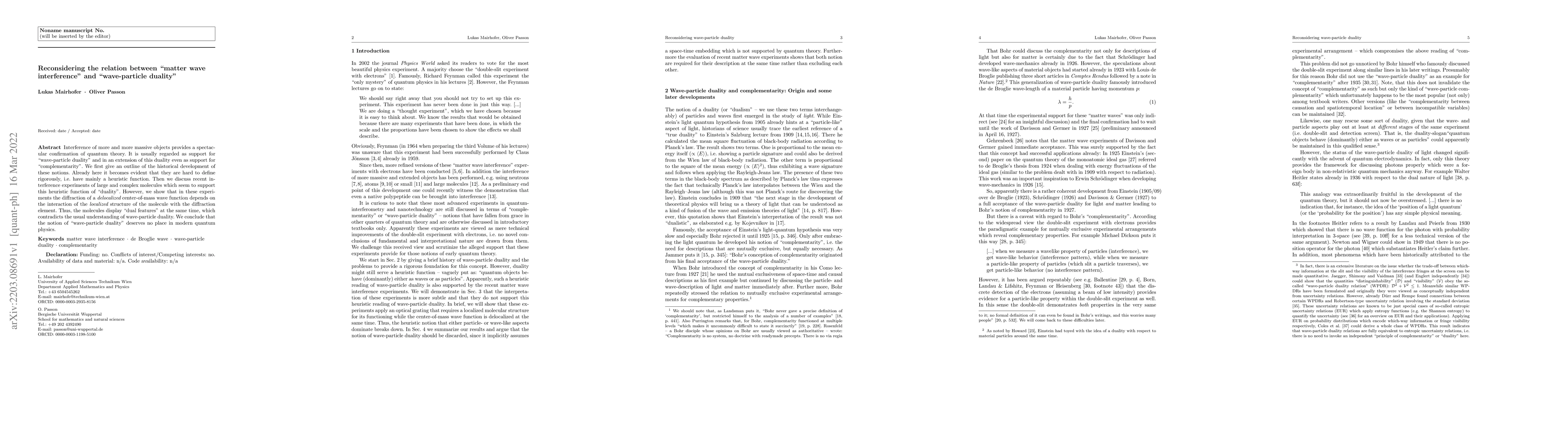 Thumbnail for Reconsidering the relation between "matter wave interference" and
  "wave-particle duality"