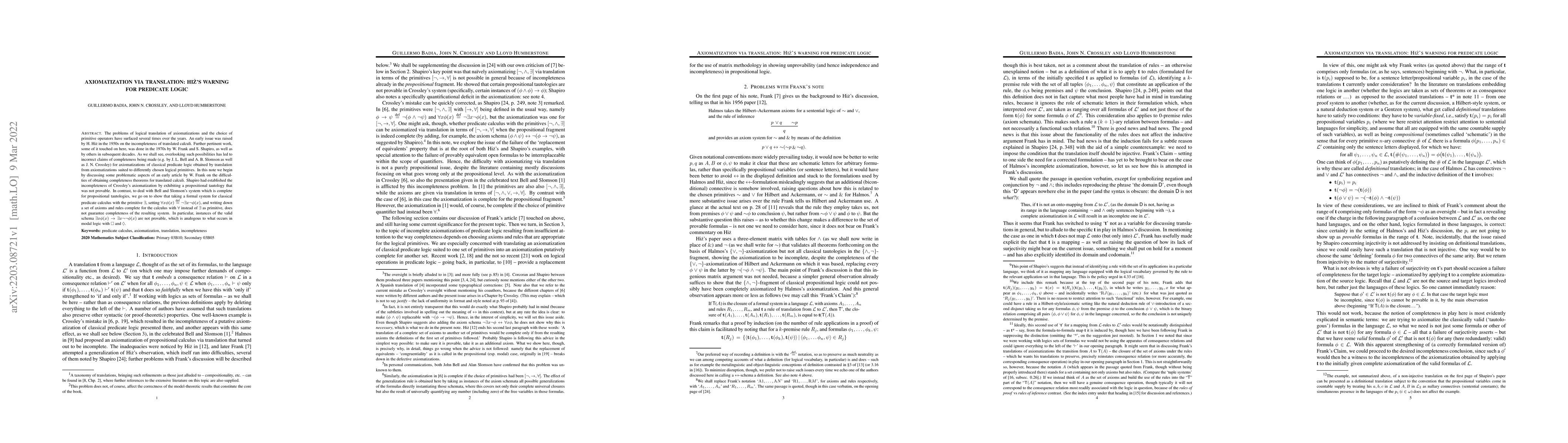 Thumbnail for Axiomatization via translation: Hiz's warning for predicate logic