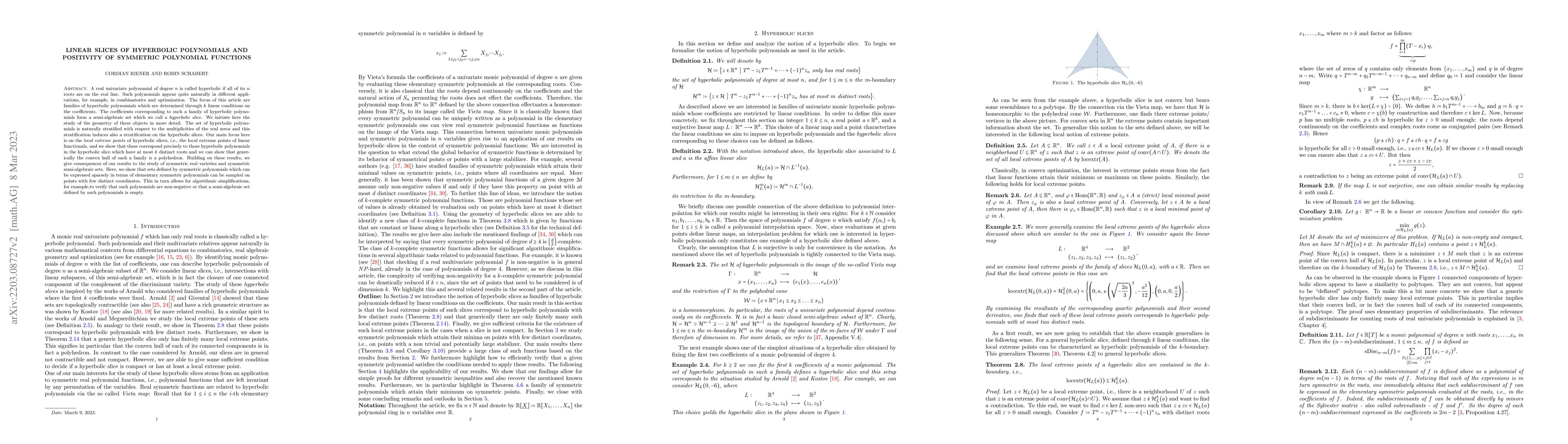 Thumbnail for Linear slices of hyperbolic polynomials and positivity of symmetric
  polynomial functions
