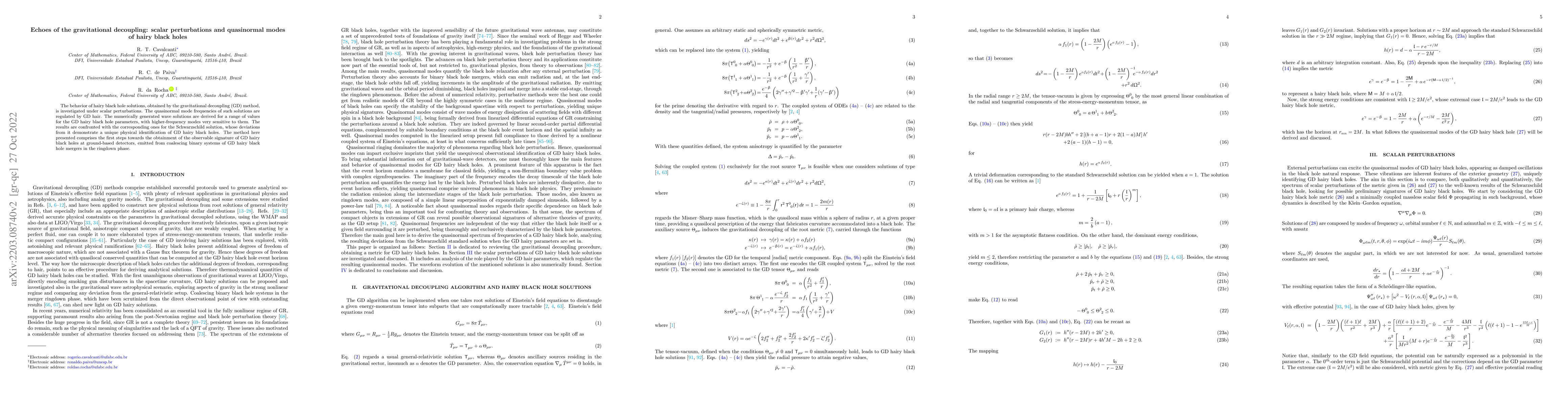 Thumbnail for Echoes of the gravitational decoupling: scalar perturbations and
  quasinormal modes of hairy black holes
