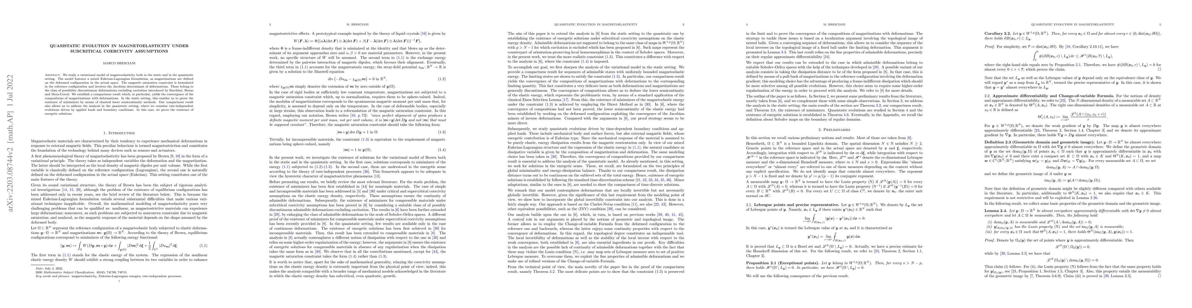Thumbnail for Quasistatic evolution in magnetoelasticity under subcritical coercivity
  assumptions