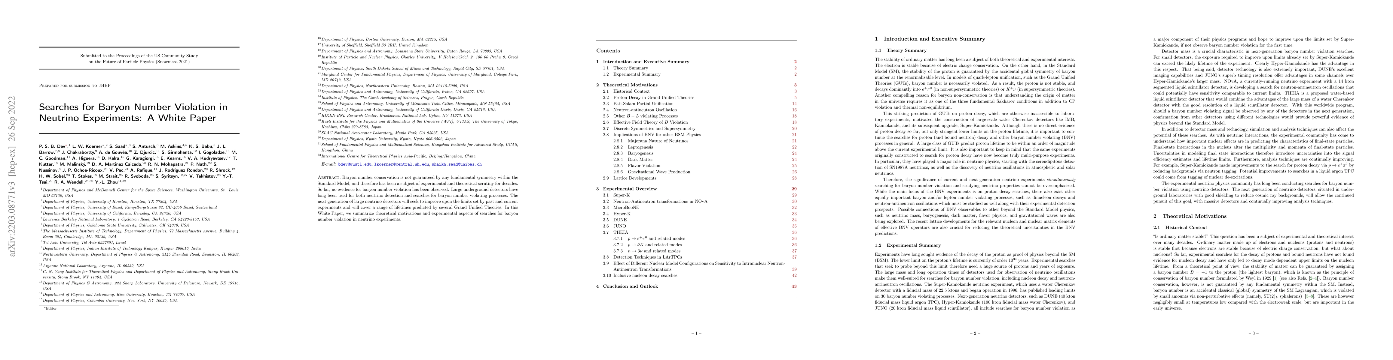 Thumbnail for Searches for Baryon Number Violation in Neutrino Experiments: A White
  Paper