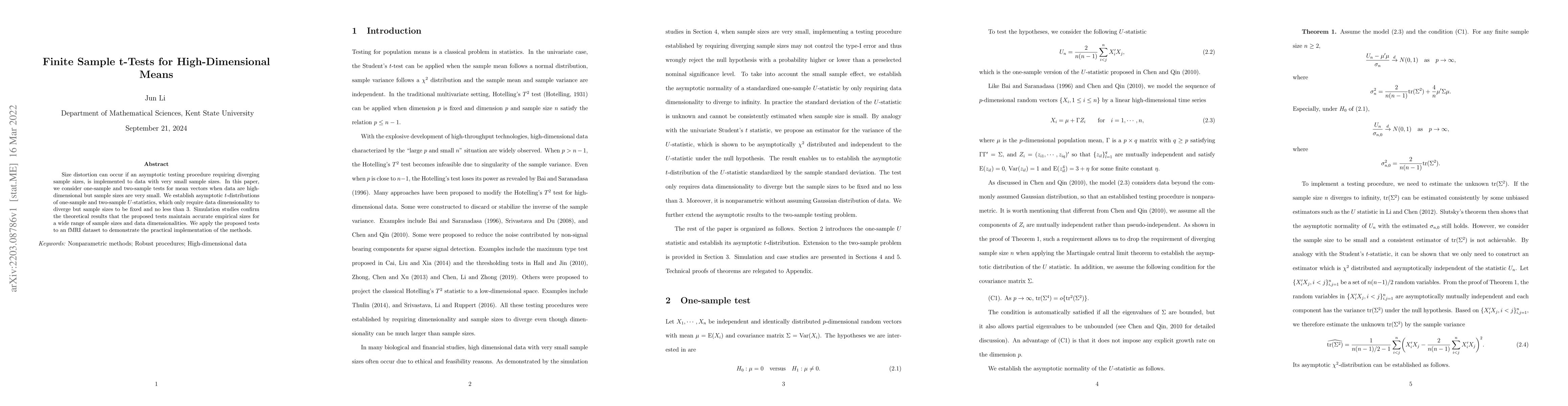 Thumbnail for Finite Sample t-Tests for High-Dimensional Means